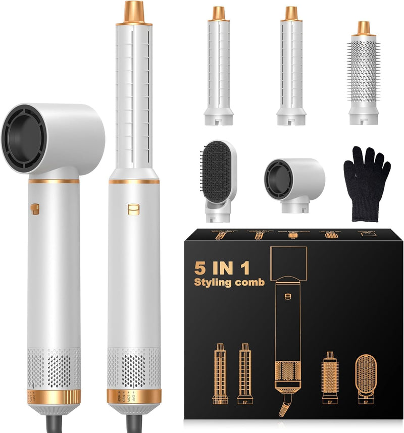 OKWRAP 5 in 1 Hair Styler Airbrush Multi Styler Hair Styler Air Styler1000W | Air Styler with Ionic Hair Dryer, Air Curler, Blow Dryer Brush, Hair Straightener Brush for Dry, Curl, Straighten andVolumise White