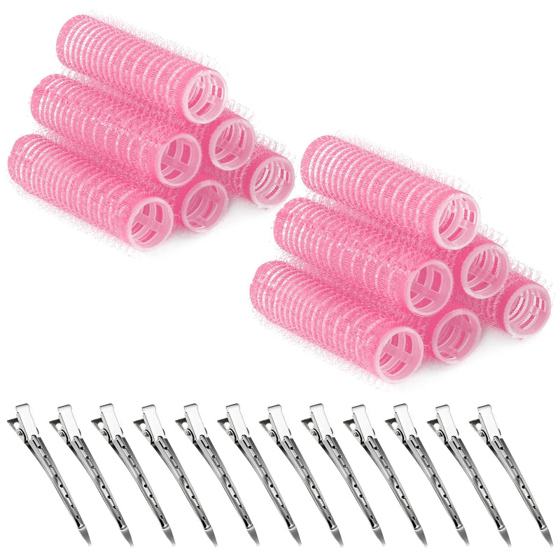 Pink Small Hair Rollers Self Grip Curlers with 12 Metal Clips Gripping Sticky Rollers for Women Long Medium Short Hair Styling DIY Hair Salon (15mm,12pcs) Pink