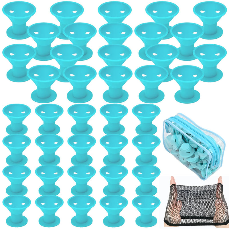  [AUSTRALIA] - Silicone Hair Rollers Heat-Free Styling, 40 Pack (20 Large + 20 Small) with Hairnet in PVC Bag, Safe Hairdressing Tool for Women and Girls(light blue) Light blue
