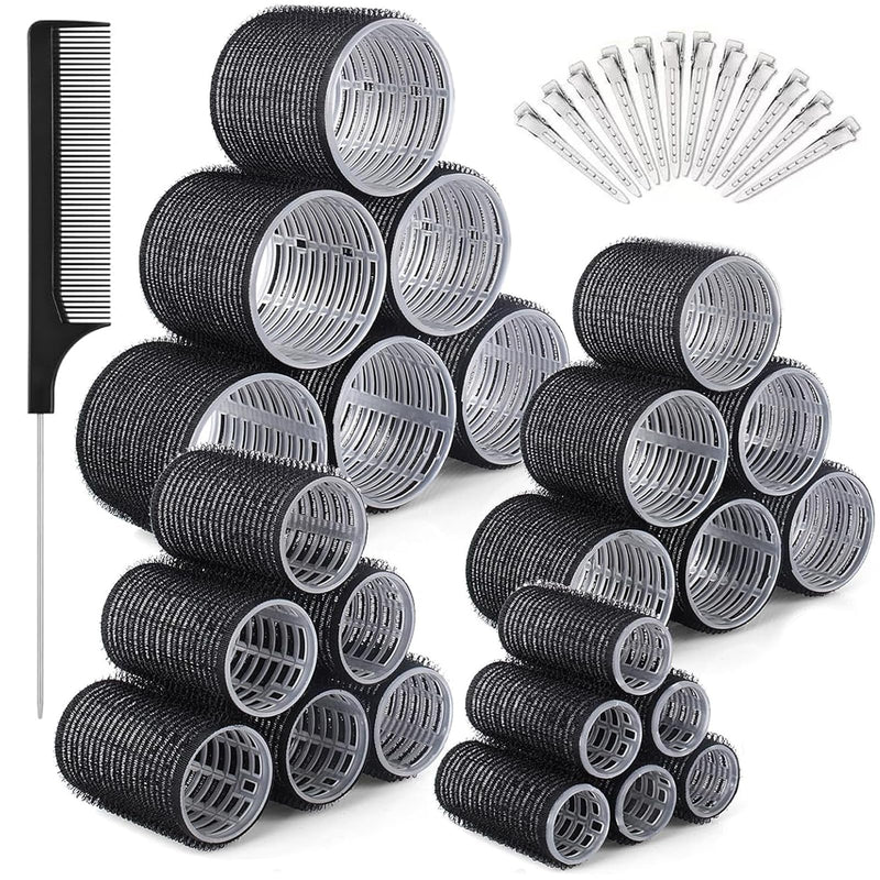 Eastrise 37PCS Hair Curlers Rollers with 12 Clips,1 Rat Tail Comb,4 Sizes (60/48/36/25mm) Rollers for Hair for Long Medium Short Thick Fine Volume Bangs,No Heat,Hair-friendly,Lift & DIY Styling-Black Black