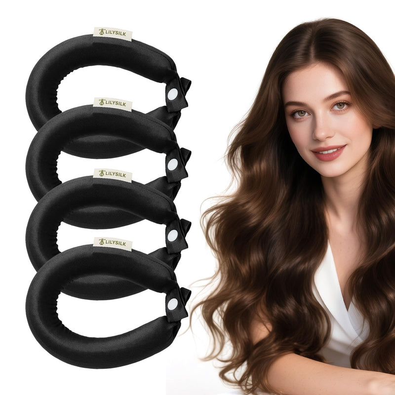 LILYSILK 100% Mulberry Silk Heatless Curlers No Heat Hair Curling Rod for Women Girls Overnight Hair Care Sleep Styling Rollers Accessories 4pcs, Black