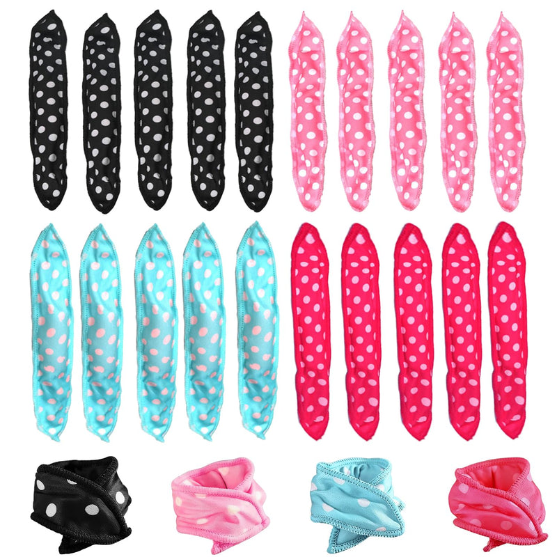 IGXX 20Pcs No Heat Hair Curlers Set - Heatless Hair Rollers for Women & Girls (Black/Pink/Blue/Rose x5) - Soft Sponge Pillow Rollers Overnight, 21x3.5cm Curlers for Short & Medium Hair