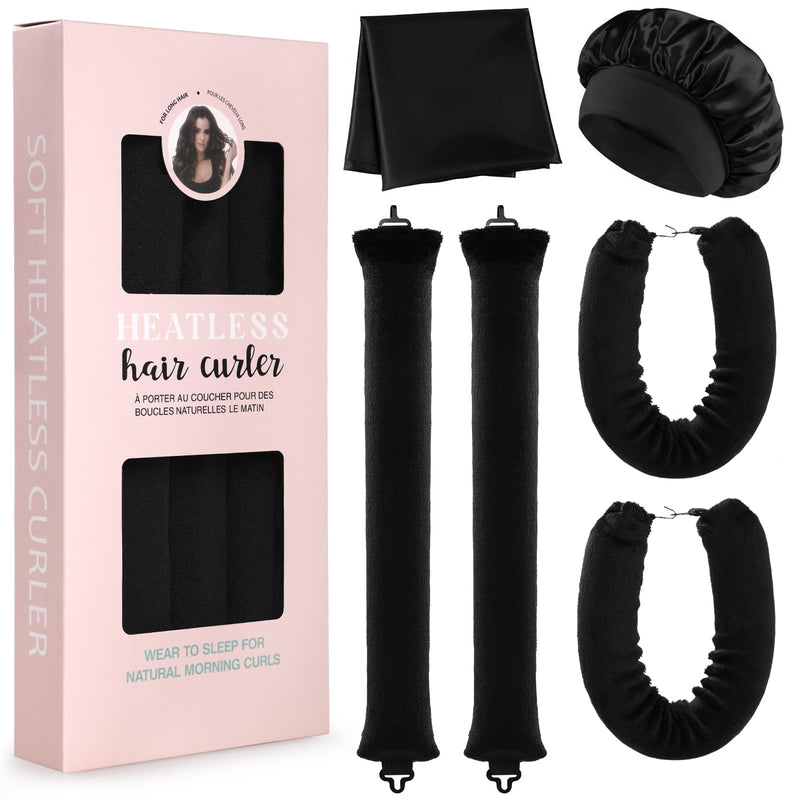  [AUSTRALIA] - Heatless Hair Curler,GeeRic 6 PCS Hair rollers for Overnight Curls, Heatless Curls, Overnight blowout rods with Satin Hairs Scarf and Shower Cap Black