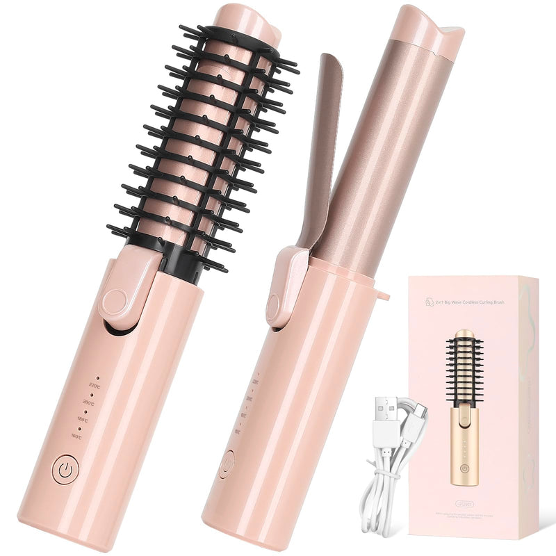 Cordless Curling Iron Brush, 3-in-1 Portable Travel Hair Curler & Straightener Wand, 7000mAh USB Rechargeable, 4 Heat Settings Anti-Scald Ionic Mini Hot Brush for Styling, Smoothing (Pink) Pink