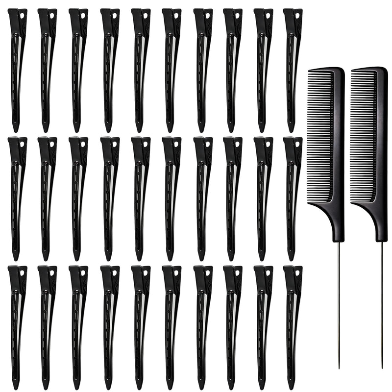 30 Pcs Metal Duck Bill Hair Clips for Styling Sectioning, 3.4 inch Black Alligator Curl Clips with 2 Pcs Rat Tail Combs for Hair Roller, Salon, Bows DIY