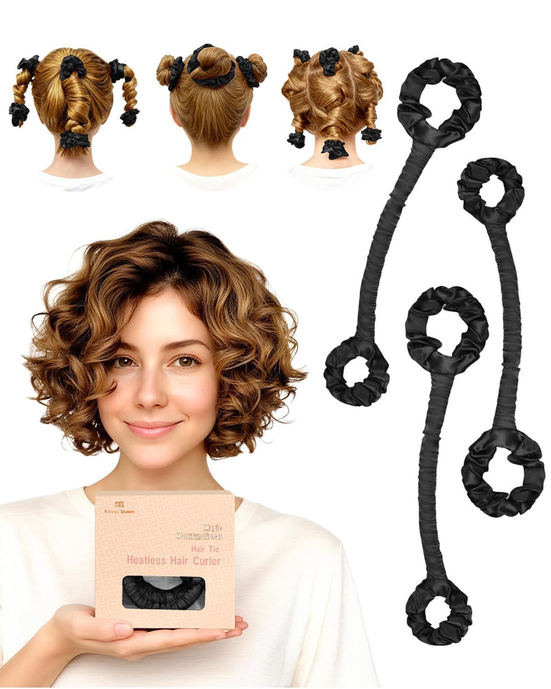 BONNET QUEEN 3 Pack Small Satin Heatless Curlers for Short Hair, Heatless Curls Overnight, No Heat Hair Styling Rod, Damage-Free Small Curls with Built-in Scrunchie, Black 1 count (Pack of 3) Black-Short