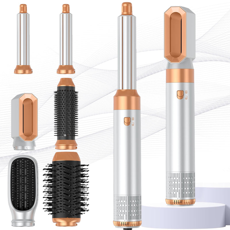 MogaWave Airbrush Pro Hair Styler 6 in 1 Air Styler with Hair Dryer, Blow Dry Hair Brush, H Curler, Magic Airstyler Multi Hair Stylers for Drying and Styling Straightening Volumizing Curling Sleeking Gold