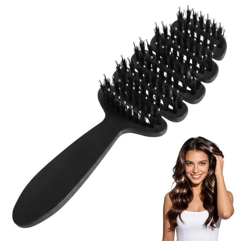 Bristle Hair Brush, Slick Back Styling Brush with 10° Concave Design, 5-Hole Hot Air Flow for Quick Drying, Detangling & Anti-Frizz, Scalp Massage Hairbrush Suitable for All Hair Types Black
