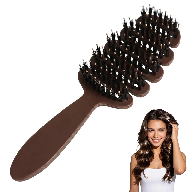 Bristle Hair Brush, Slick Back Styling Brush with 10° Concave Design, 5-Hole Hot Air Flow for Quick Drying, Detangling & Anti-Frizz, Scalp Massage Hairbrush Suitable for All Hair Types Brown