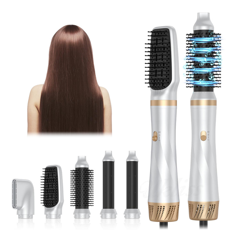 Hair Dryer Brush, 5 in 1 Blow Dryer Brush Set, High Speed Hot Air Styler, Auto Wrap Curlers for Frizz-Free Volume, Multifunctional Hair Dryer for Curling, Straightening, Volumizing (Platinum)