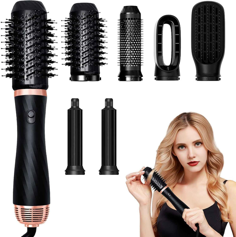 2026 New Thermal Brush - 6 in 1 Airstyler Hot Air Brush Set - Hair Styler Styling Brush Set with Hair Dryer-Blow Dryer Hair Curler Hot Brush Massage for All Hair Types Volumizing/Curling/Straightening Black