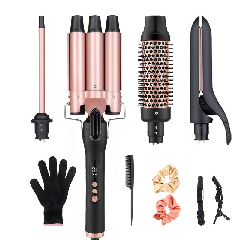 UNOBEY Thermal Brush 4 in 1 Curling Iron Wand Set with 3 Barrels Hair Waver | 9mm Curling Iron Ceramic Heated Round Brush Hair Straightener for Long & Short Hair Curler Tools, Dual Voltage