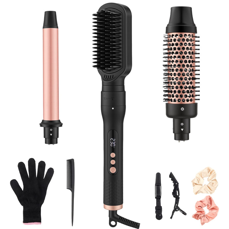 UNOBEY Thermal Brush 3 in 1 Curling Iron Wand Set with Heated Round Brush | 25mm Curling Wand Ceramic Hair Straightener Brush Multi Hair Curler Tools, Instant Heat Up, Dual Voltage