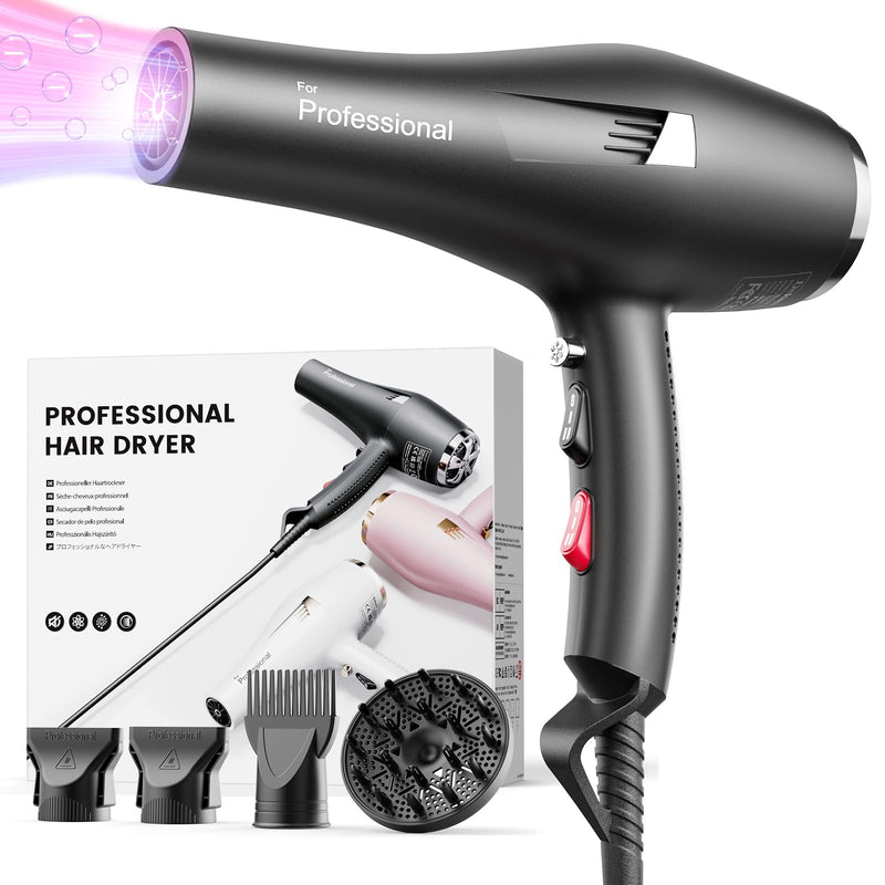 Dekuri Professional Hair Dryer, 29m/s Fast Ionic Blow Dryer | 130M Negative Ions & Blue Light, 29m/s Fast Drying, 4 Styling Attachments, 2m Cable (1.8m Exposed), UK Plug Jet Black