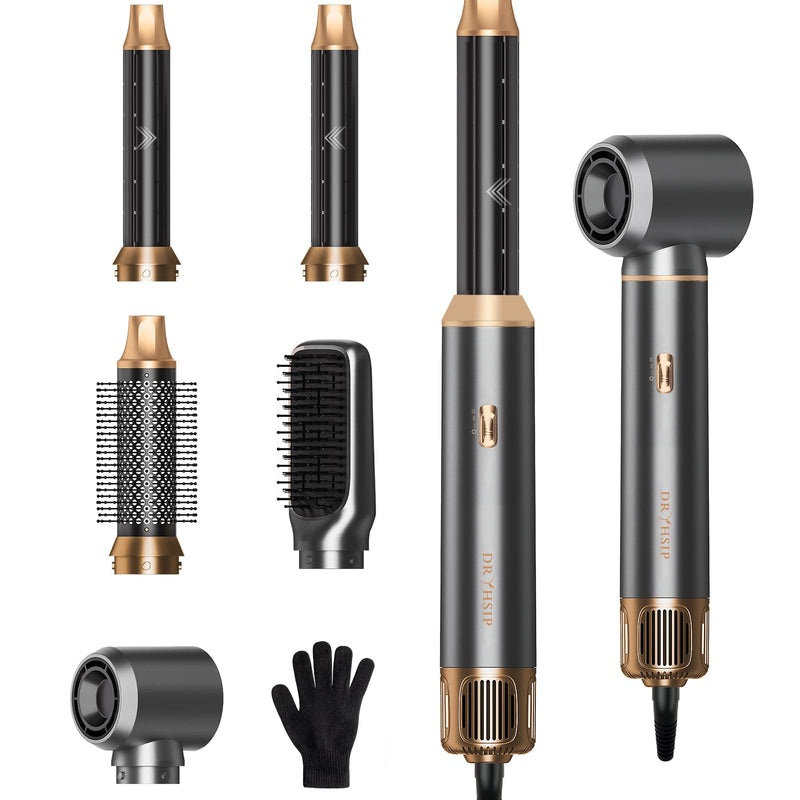 Dryhsip 5 in 1 Hot Air Brush with Detachable Heads, Hair Dryer & Styler (Curling Wand, Volumizer, Straightener), Compact Lightweight Travel Styler for Women (Grey) Pearl Grey