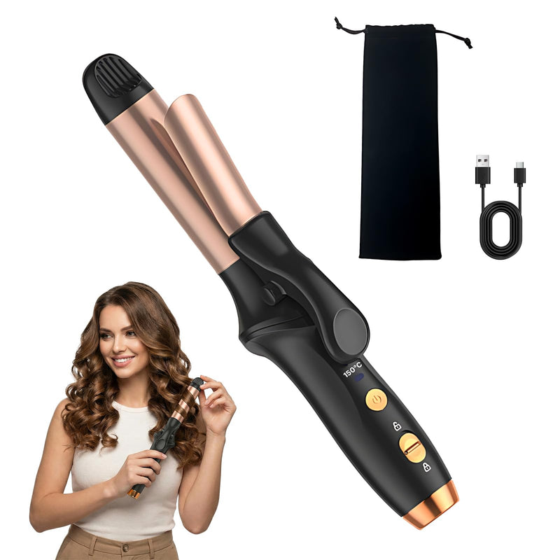  [AUSTRALIA] - Curling Tong, 25mm Cordless Hair Curler for Natural Waves and Curls, Ceramic Cordless Curling Wand with 3 Gear Temperature, Travel Mini Curlers 4000 mAh with USB Cable Storage Bag, Rose & Black