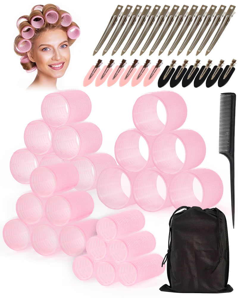 Hair Rollers with Clips 50PCS, Rollers for Hair Volume 4 Sizes | Includes 24 Clips And 4 Roller Sizes (60/48/36/25mm) For Long, Medium And Short Hair, Ideal For DIY Hair Styling Pink