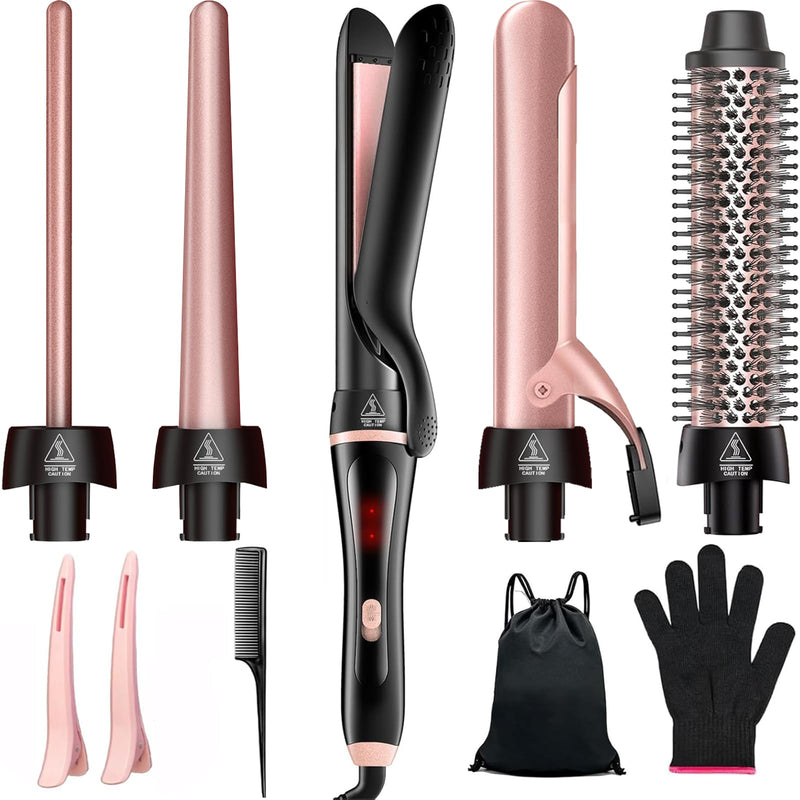 5 in 1 Curling Iron, Curling Wand Set with Thermal Brush Flat Iron Hair Straightener Interchangeable Ceramic Barrels (0.35"-1.25") Instant Heat Up for Waves Dual Voltage Hair Curler, Gifts for Women