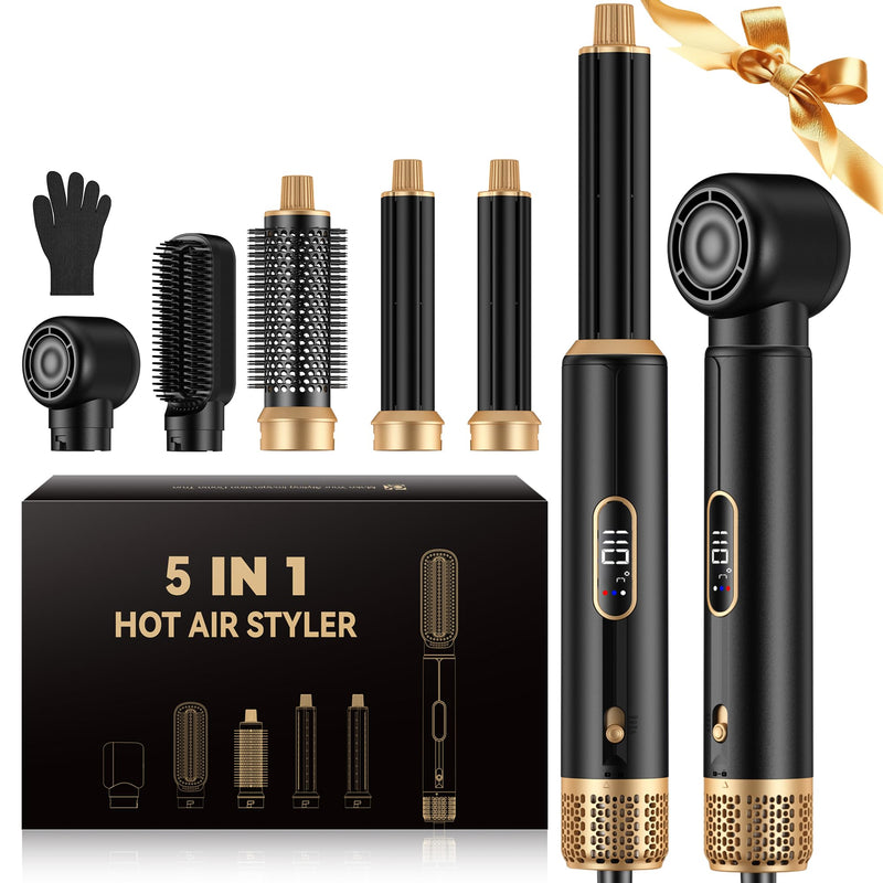 UMIGA 5 in 1 Hot Air Styler Brush Set Ionic Hair Dryer and Volumiser with LCD Display Auto Rotating Curler Straightener and Waver for All Hair Types 1000W Professional Styling Tool Blackgold
