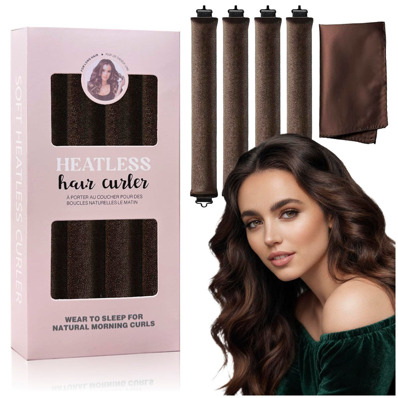Heatless Hair Curlers Set with Satin Scarf & Clips - Chocolate Brown Flexible Foam Rollers for Overnight Wavy Styles, DIY Easy Styling Tool, Reusable, Frizz Control