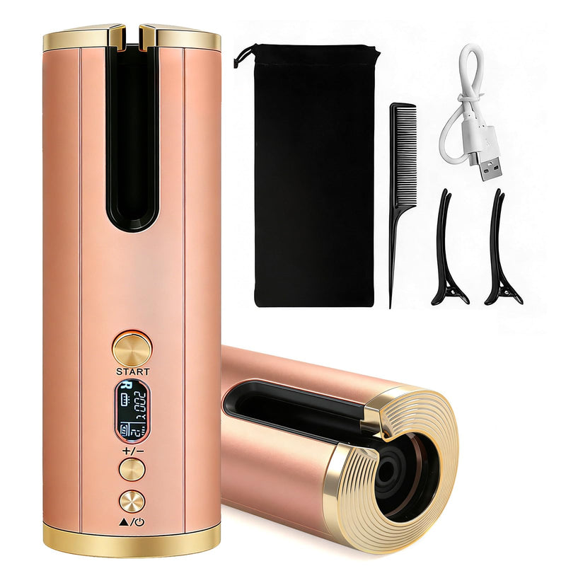 Hair Curler Cordless Automatic Rotating Rechargeable Anti-Scald Rose Gold | Cordless Ceramic Curling Iron|6 Temperature Settings|Compact Rechargeable Automatic Curling Iron for Travel & Outdoor Use