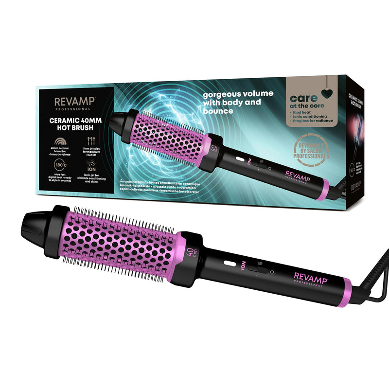 REVAMP Ceramic Hot Brush Styler - Ionic, Fast Heat, Pink Edition, 40 mm | Round Barrel Heated Curling Brush, Volumising, Thermal Styling, Blowout, Waves & Bouncy Curls