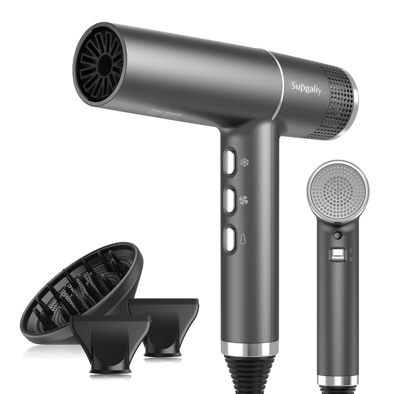 Ionic Hair Dryer 2000W High-Speed Fast Drying, 268g Lightweight, 110,000 RPM Brushless Motor, Low Noise, Travel Hairdryer with Diffuser & Concentrator, UK Plug, for Women Family Salon (Gray) Gray