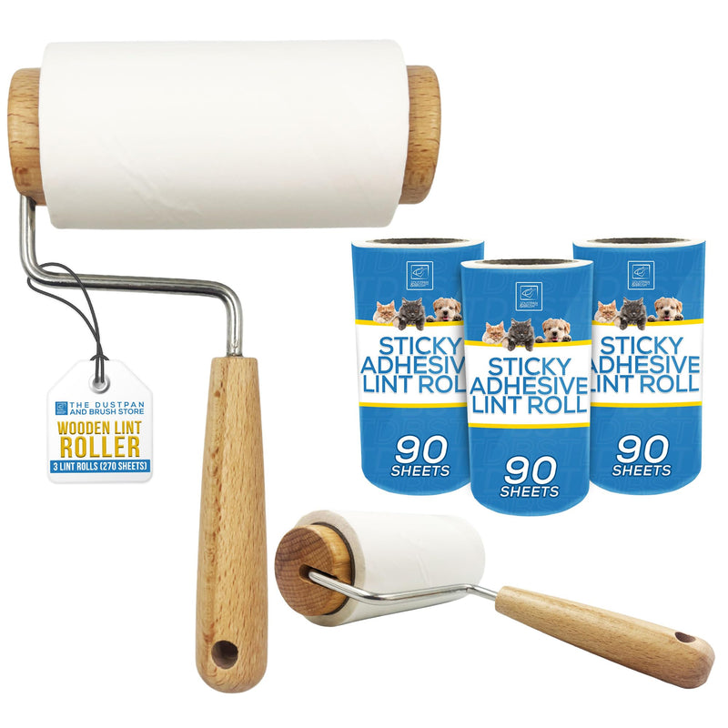Wooden Lint Roller with 3 Reusable Hair Rollers Lint Remover for Cat and Dog Hair - Smooth Wooden Handle, More Sheets per Sticky Rolls, Perfect for Upholstery, Carpet, and Clothes