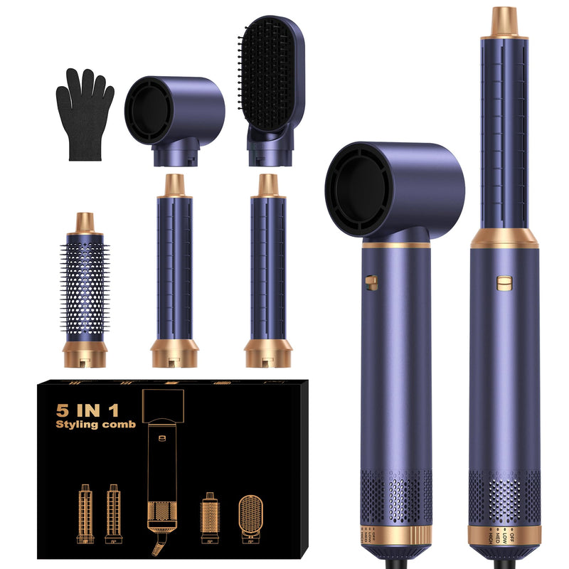 5 in 1 Hair Styler Airbrush Hairstyer Air Brush 5 in 1 Air styer | Airstyler Multi-Blow Dryer Brush Set with Curl, Straighten, Wavy, Smooth, Magic Styler for All Hair Types and Lengths Blue Gold