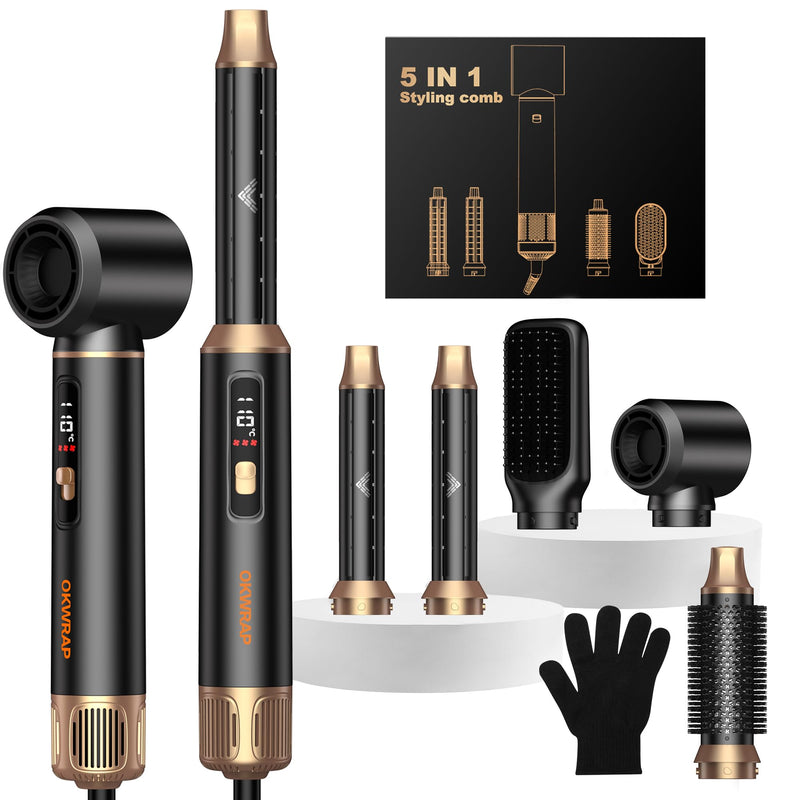 OKWRAP Airbrush 5 in 1 Airstyler 5 in 1 LCD Hair Styler | AirStyler Set Multi-Blow Dryer Brush Set with Curl, Straighten, Wavy, Smooth, Magic Styler for All Hair Types and Lengths Black