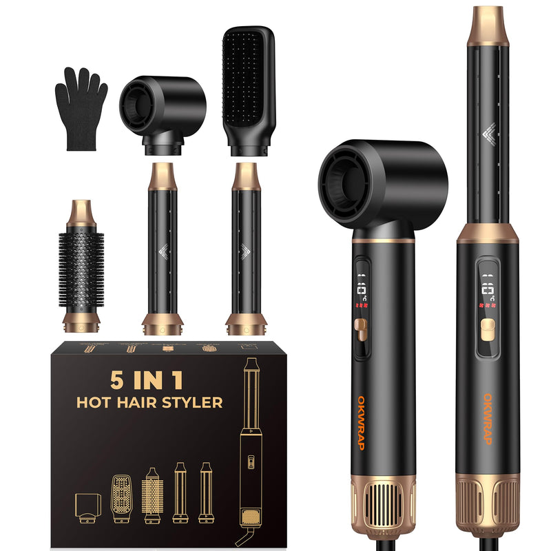  [AUSTRALIA] - OKWRAP Airbrush 5 in 1 LCD 5 in 1 Hair Styler Multi-Blow Dryer Brush | Air Styler Set Multi-Blow Dryer Brush Set with Curl, Straighten, Wavy, Smooth, Magic Styler for All Hair Types and Lengths Black