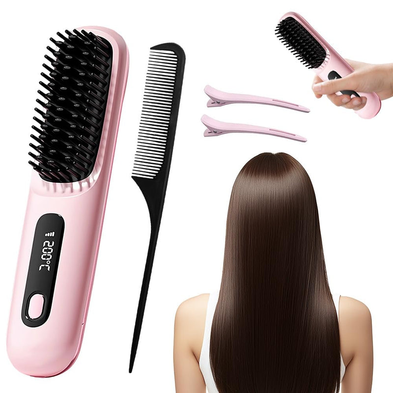 Glow Wave Heated Brush, 2026 Cordless Heated Brush for Short Hair, 3 Heat Settings & LED Screen, Portable & Rechargeable Heated Styling Brushes for Frizz-Free Styling, Travel & Everyday Use