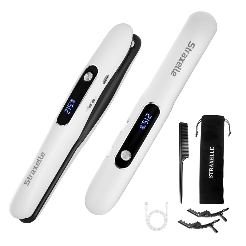 Mini Cordless Hair Straighteners and Curler,5000mAh Rechargeable Travel Straighteners Cordless with LED Display,2 in 1 Portable Flat Iron Hair Straightener 3 Temp Levels for Fine to Thick Hair(White) White