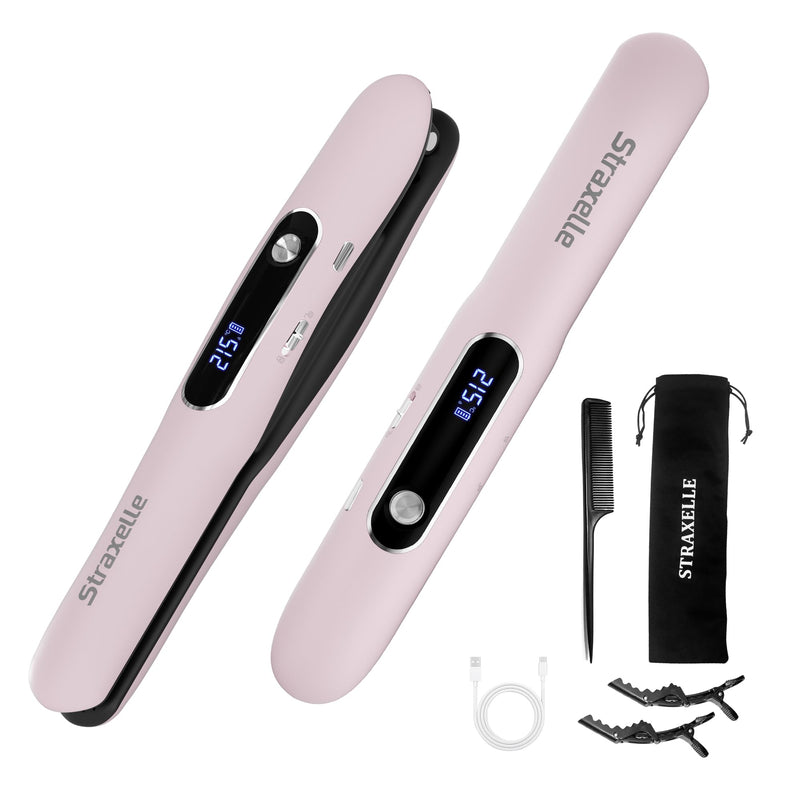 Mini Cordless Hair Straighteners and Curler,5000mAh Rechargeable Travel Straighteners Cordless with LED Display,2 in 1 Portable Flat Iron Hair Straightener 3 Temp Levels for Fine to Thick Hair (Pink) Pink