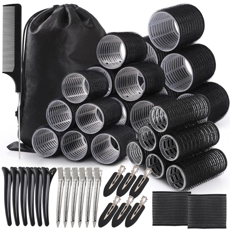 WD&CD 45Pcs Hair Rollers Curlers with 24Pcs Self Grip Hair Rollers 18 Pcs Clips Storage Bag for Long, Medium, Short Hairs Volume, Black