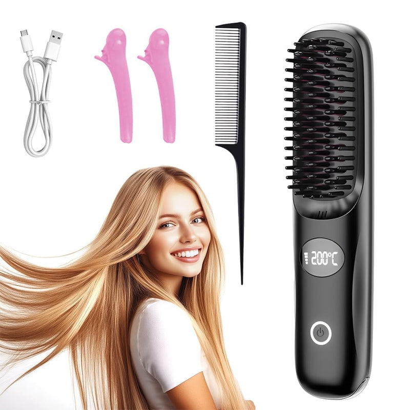 Hair Straightener Brush UK,Go Brush Pro UK, Cordless Hair Straightener Brush, Portable Straightener Brush with 4 Heat Settings, LED Display, Glow Wave Heated Brush for Short Hair Travel Home