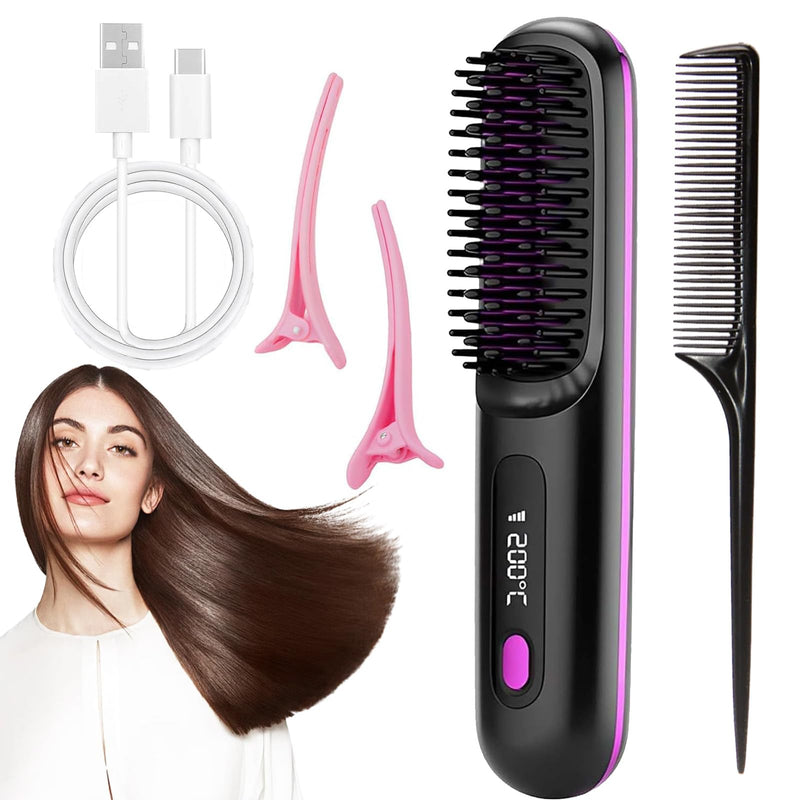 Go Brush Pro 2026 UK, Cordless Ceramic Heated Hair Straightening Comb, 3 Heat Settings & LED Screen & USB Rechargeable, Hair Straightener Brush for Short Hair Styler, Travel Portable