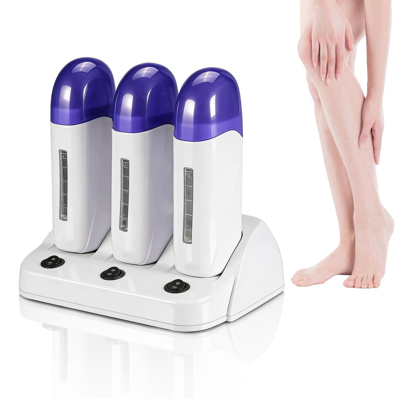 Electric Roll On Wax Warm Machine, Body Waxing Coarse Hair Removal Cartridge Melting Waxing Machine Wax Roller Wax Heater with Base for Home and Salon (3 seats) 3 seats