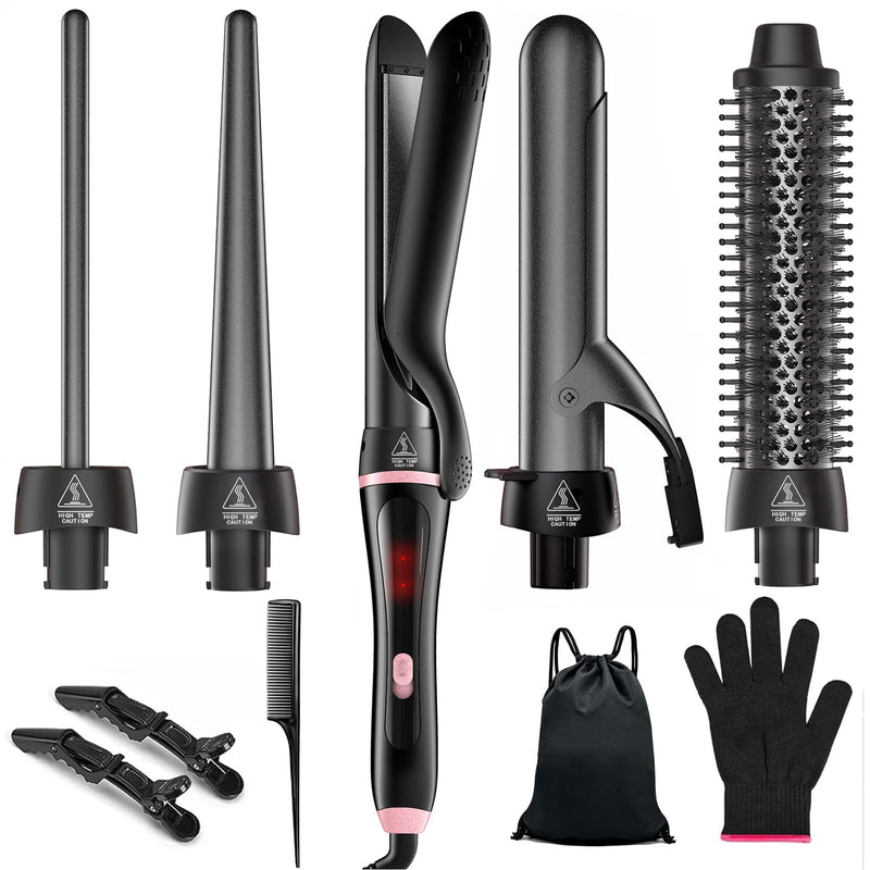 5 in 1 Curling Iron with Thermal Brush and Interchangeable Ceramic Barrels (0.35"-1.25"), Curling Wand Set with Flat Iron Hair Straightener Instant Heat Up Dual Voltage Hair Curler Gifts for Women