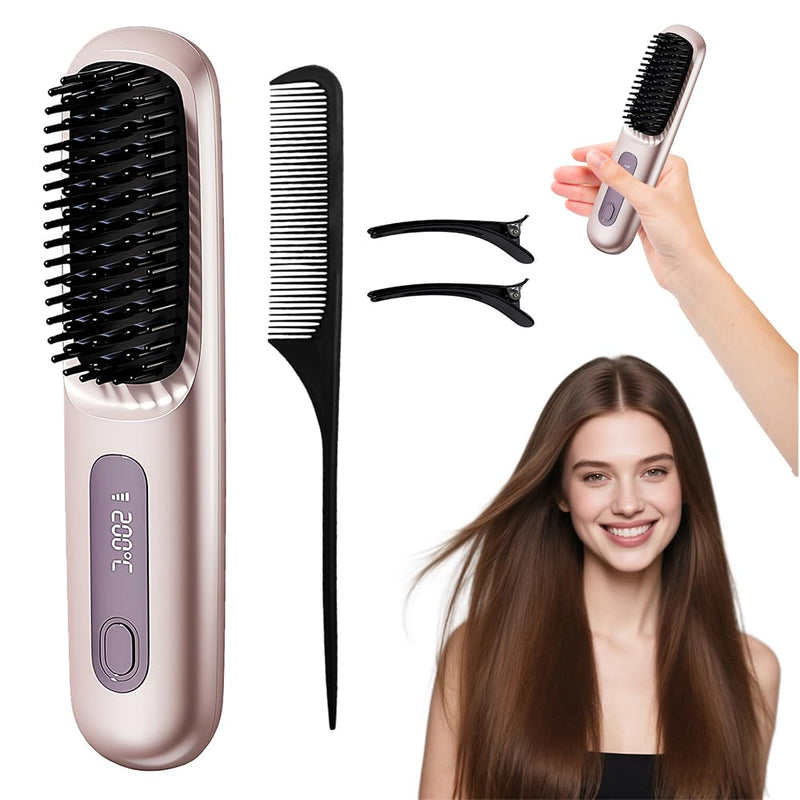 GlowWave Heated Brush, 2026 Cordless Hair Straightener Brush, 3 Heat Settings & LED Screen Glowcept Heated Brush, Portable & Rechargeable Heated Styling Brushes for Travel & Everyday Use (Purple)