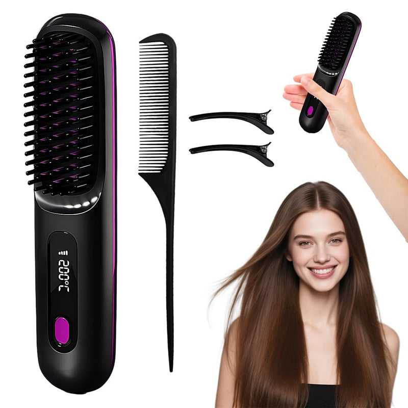 GlowWave Heated Brush, 2026 Cordless Hair Straightener Brush, 3 Heat Settings & LED Screen Glowcept Heated Brush, Portable & Rechargeable Heated Styling Brushes for Travel & Everyday Use (Black)