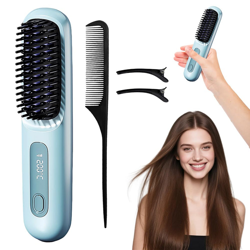  [AUSTRALIA] - GlowWave Heated Brush, 2026 Cordless Hair Straightener Brush, 3 Heat Settings & LED Screen Glowcept Heated Brush, Portable & Rechargeable Heated Styling Brushes for Travel & Everyday Use (Blue)