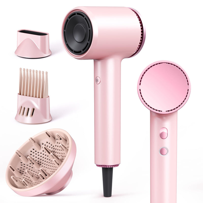 High Speed Ionic Hair Dryer: 1600W 110,000 RPM Hair Dryer with Diffuser 2 Speed & 4 Heating Setting, Compact & Lightweight Low Noise Hair Dryer for Women (Pink)