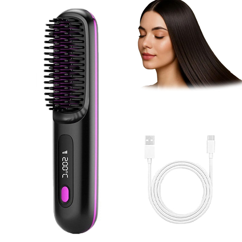 Glow Wave Heated Brush for Short Hair, Go Brush Pro Cordless Straightener,2026 Hot Comb Hair Straightener Brush,Portable Cordless with 3 Heat Settings & LED Screen for Travel and Frizz-Free Styling