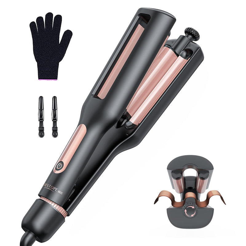 4 in 1 Adjustable Wave Curling Iron - 22/25/32/38mm Ionic Beach Waver Hair Curler with Ceramic Electrical Coating, Anti-Scald, 30S Heat Up, Digital Display, 4 Temperature(140°C-210°C), Black+Rose Gold