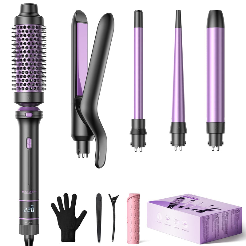 BESTOPE PRO 5 in 1 Curling Wand Set, Ceramic Interchangeable Barrels with Thermal Brush & Straightener, 13 Temp LED Display, Heat Resistant Accessory Kit Purple