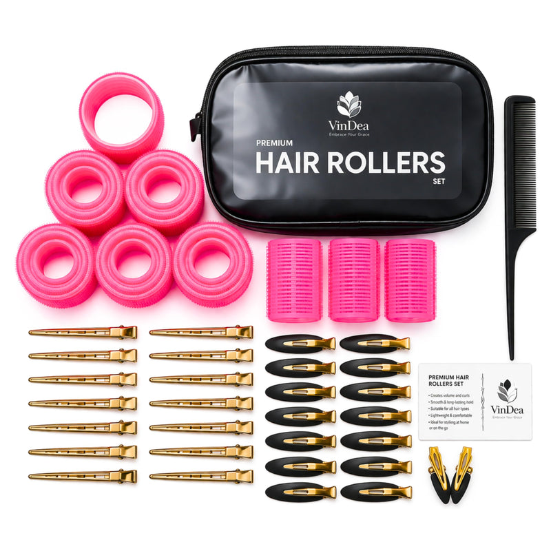 Hair Rollers with Clips 50PCS Set – Self Grip Curlers (60/48/36/25mm) with 24 Metal & No Bend Clips, Rat Tail Comb & Storage Bag for Long, Medium & Short Hair – Volume & Lift DIY Styling