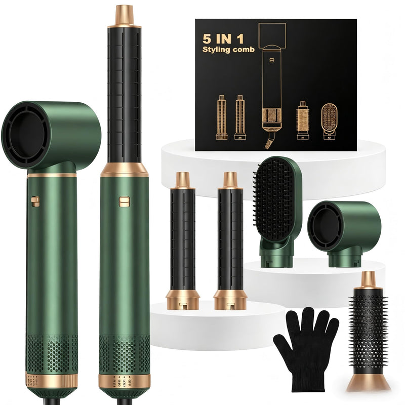UKLISS Airbrush 5 in 1 Hair Styler 5 in 1 Airstyler Multi-Blow Dryer Brush | Air Brush 5 in 1 with Curl, Straighten, Wavy, Smooth, Magic Styler for All Hair Types and Lengths Green