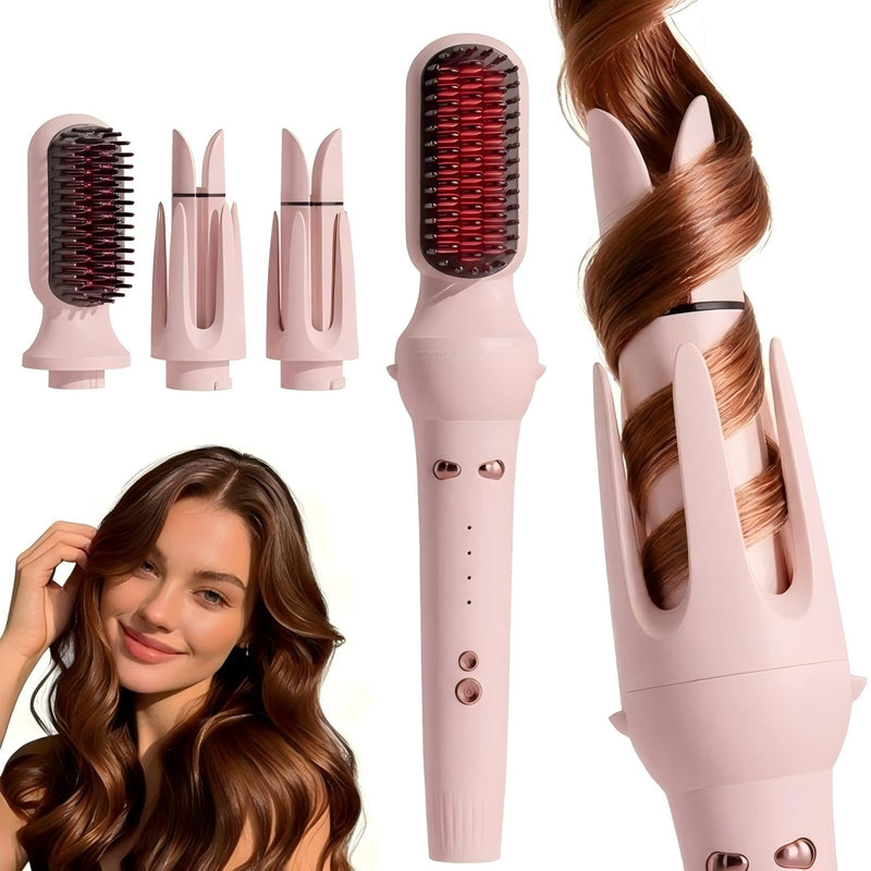3-in-1 Hair Curler Automatic Rotating, Ceramic, ions | 32mm curls & 36mm waves, Straightener brush, Auto-rotate, tangle-free, 4 heat settings for all hair types Pink