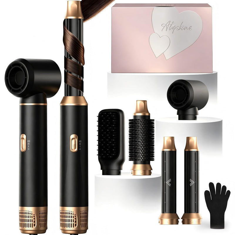 Atopskins Magic Styler Hair Styler Airbrush 5 in 1 Airstyler 5 in 1 Gift | Magic Styler Hair Styler Hair Dryer Brush with Curl,Straighten,Volumise, Smooth and Hairdryer Brushes,Multistyler Gift Deepblack